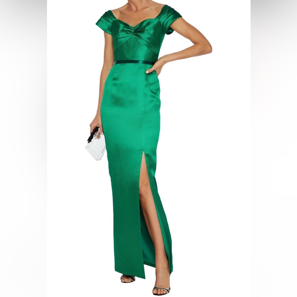 Marchesa Notte Off-the-shoulder twist-front satin-piqué gown